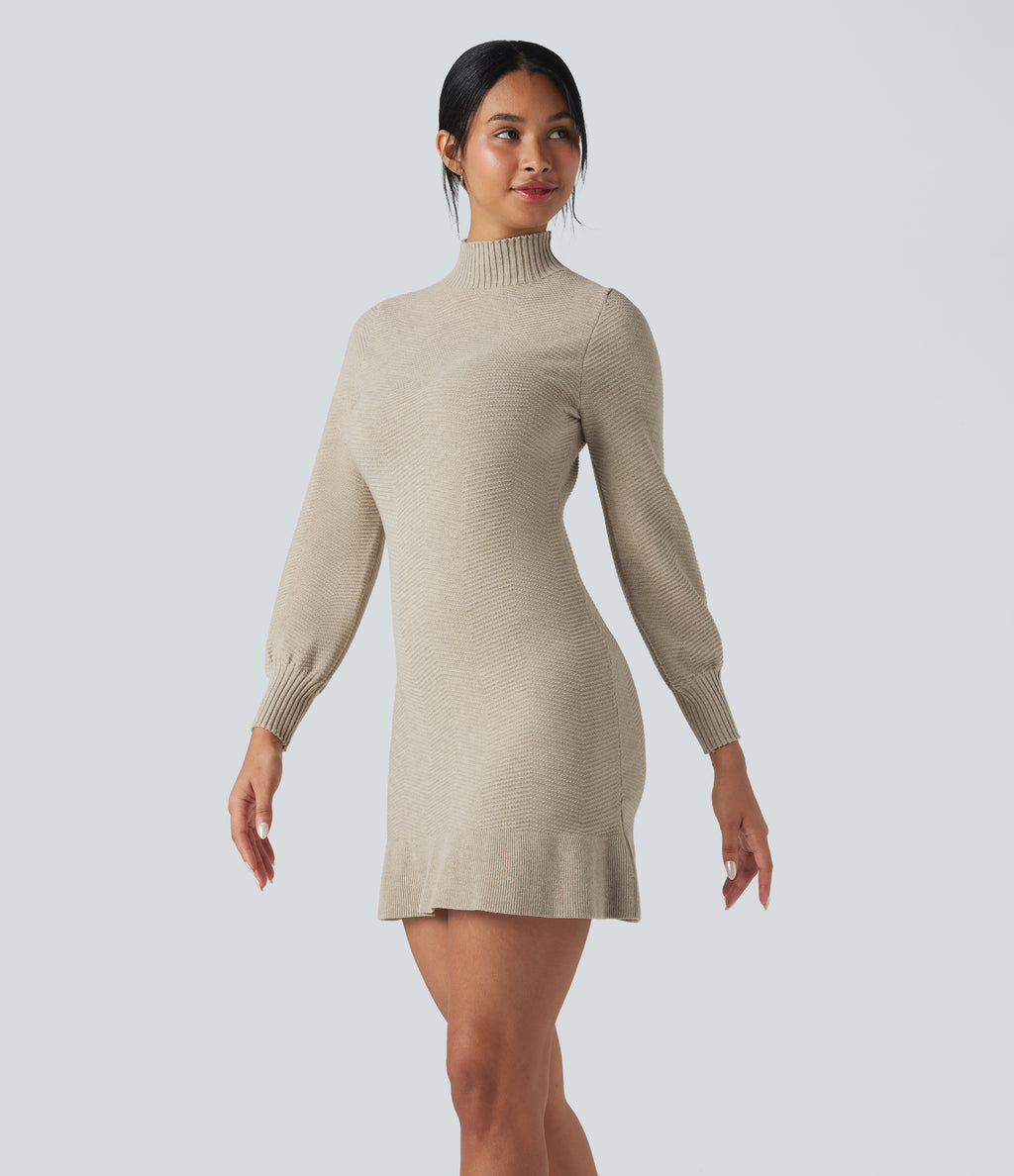 Mock-neck Long Sleeve Ruffle Hem Mini Work Jumper Dress — Almond Milk — view 3