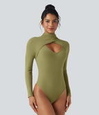 Ribbed Knit High-neck Cut-out Long Sleeve Skinny Work Bodysuit — Green Olive — view 1