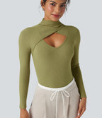 Ribbed Knit High-neck Cut-out Long Sleeve Skinny Work Bodysuit — Green Olive — view 6