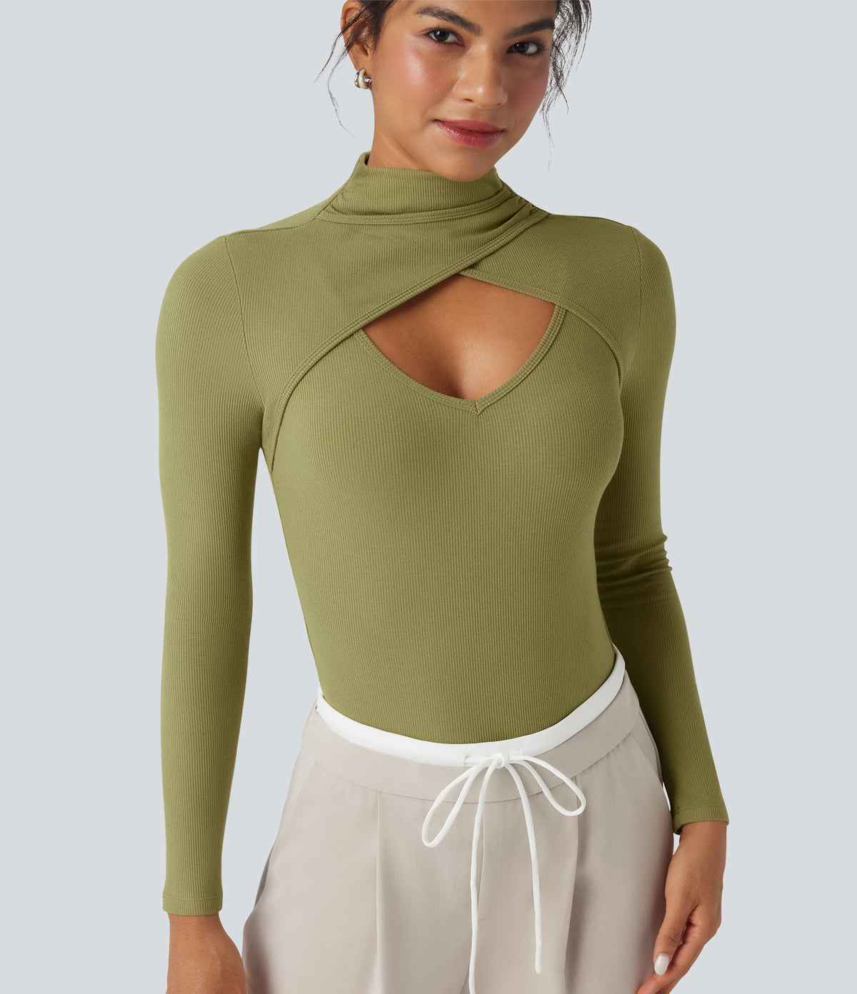 Ribbed Knit High-neck Cut-out Long Sleeve Skinny Work Bodysuit — Green Olive — view 6