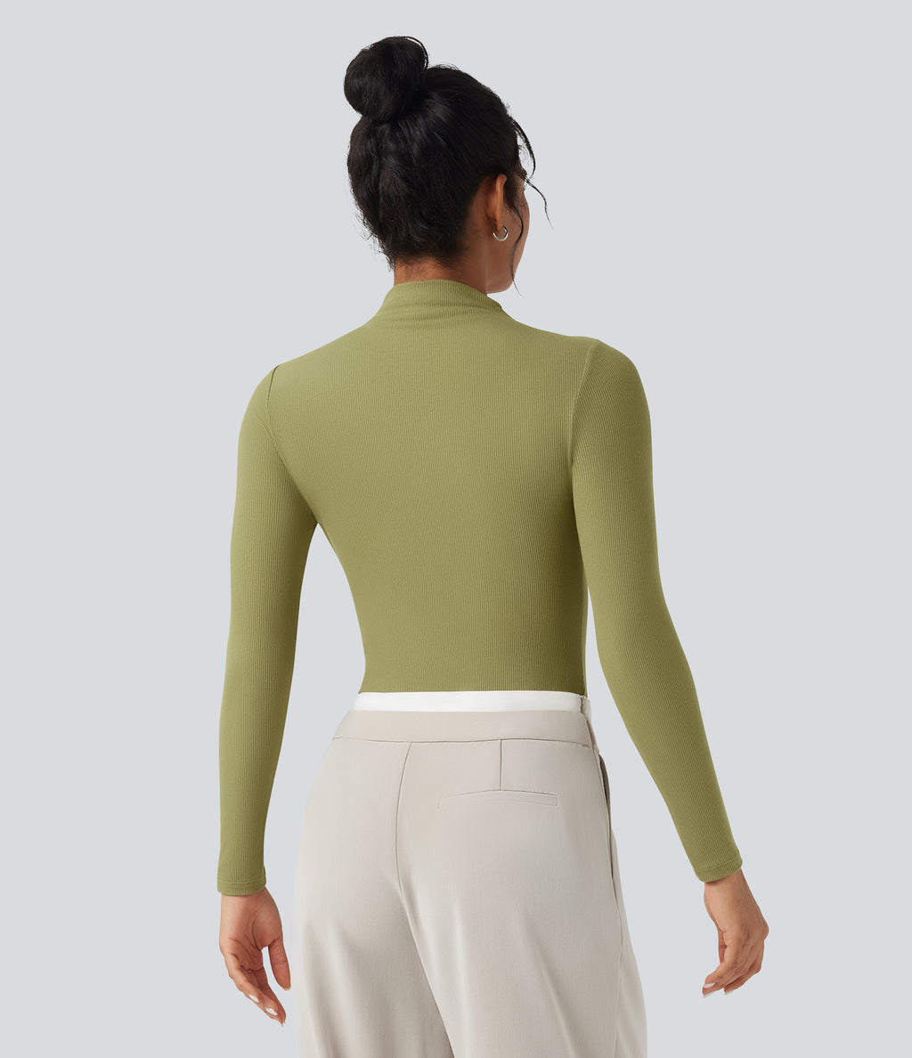 Ribbed Knit High-neck Cut-out Long Sleeve Skinny Work Bodysuit — Green Olive — view 4