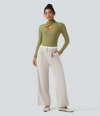 Ribbed Knit High-neck Cut-out Long Sleeve Skinny Work Bodysuit — Green Olive — view 7