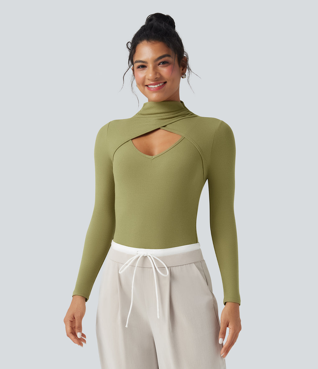 Ribbed Knit High-neck Cut-out Long Sleeve Skinny Work Bodysuit — Green Olive — view 3