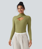 Ribbed Knit High-neck Cut-out Long Sleeve Skinny Work Bodysuit — Green Olive — view 3