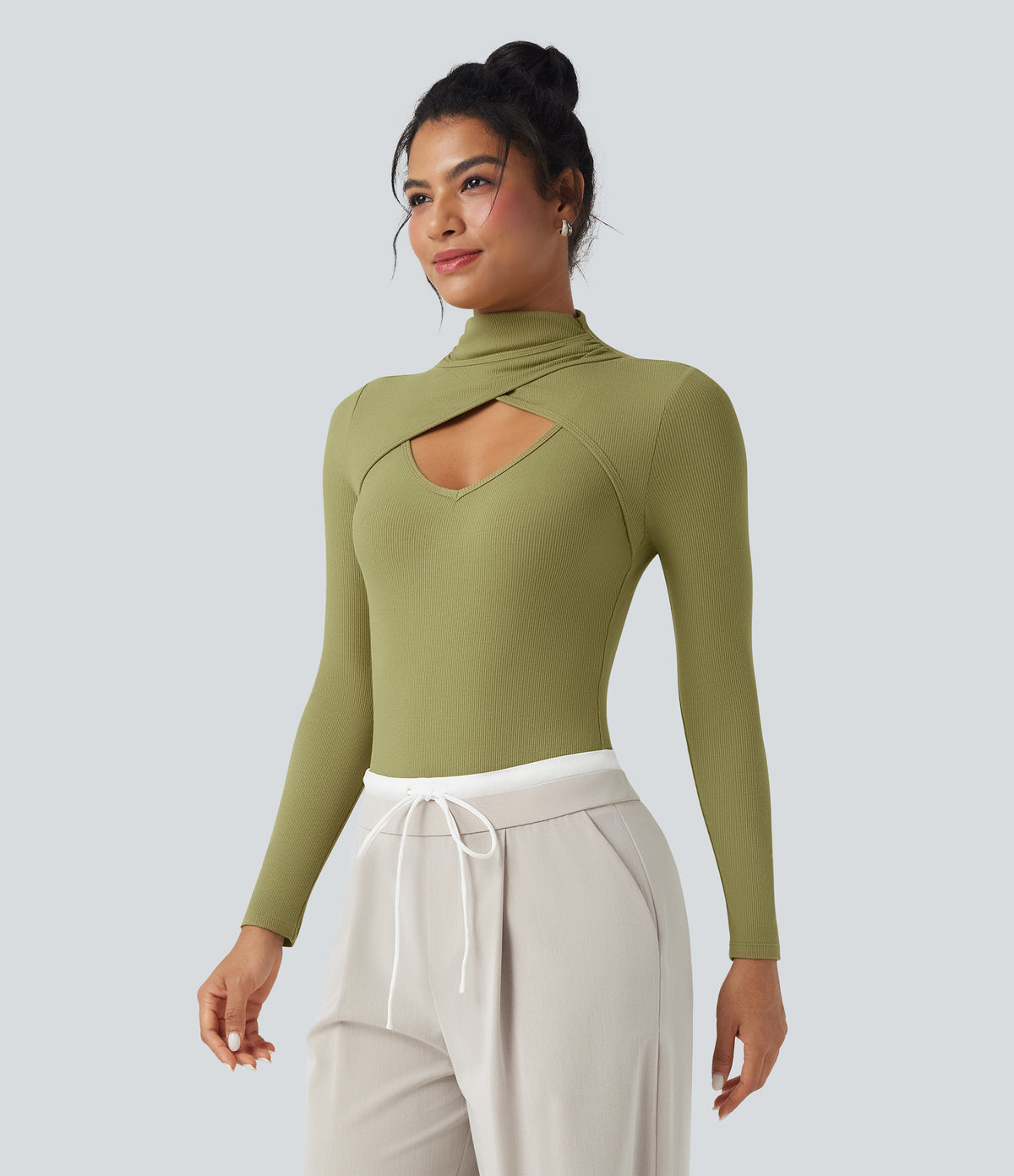 Ribbed Knit High-neck Cut-out Long Sleeve Skinny Work Bodysuit — Green Olive — view 5
