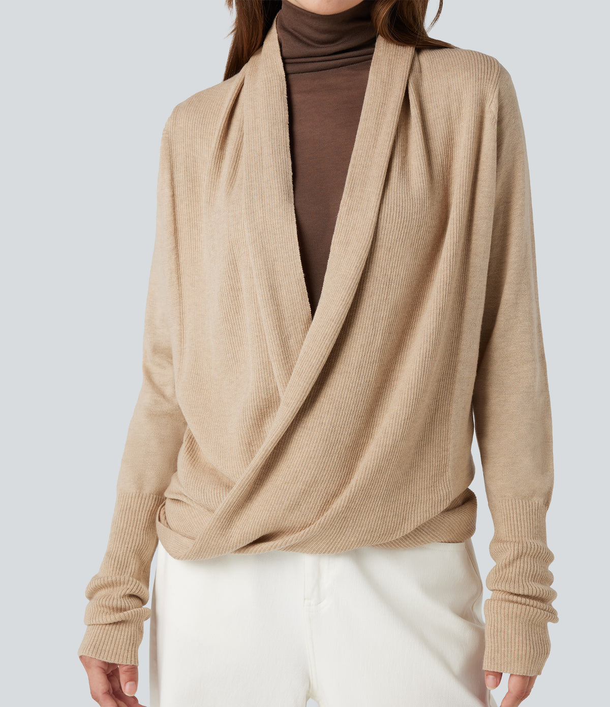 Long Sleeve Wrapped Casual Cardigan — Warm Sand — view 7