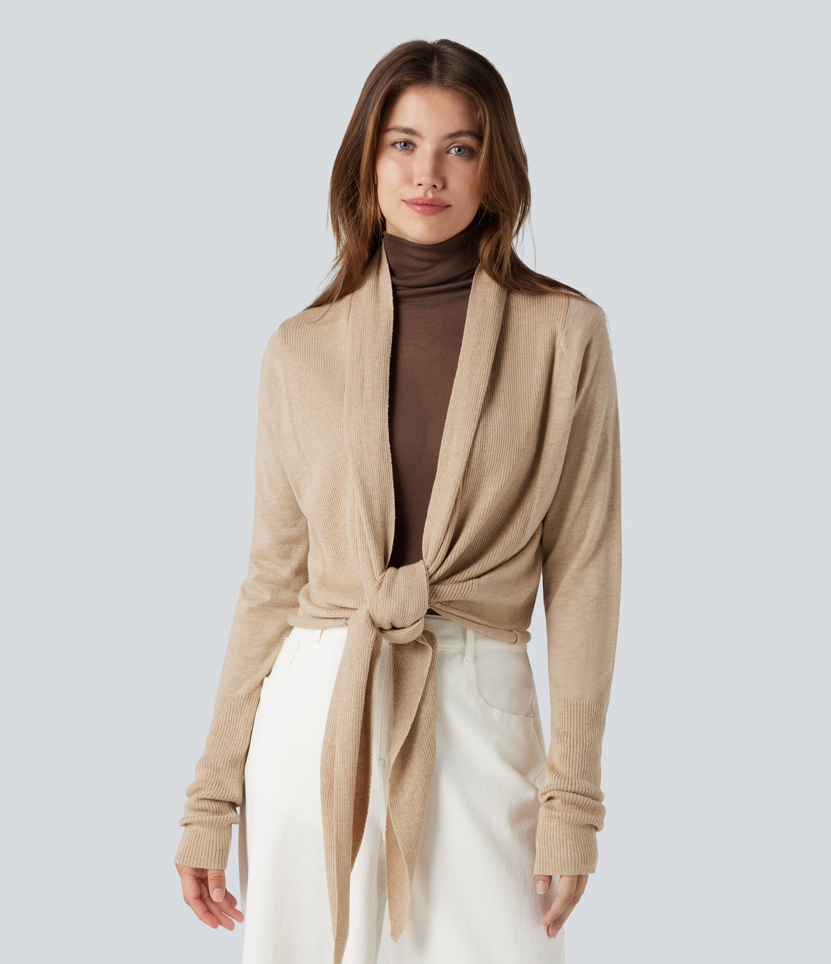 Long Sleeve Wrapped Casual Cardigan — Warm Sand — view 4
