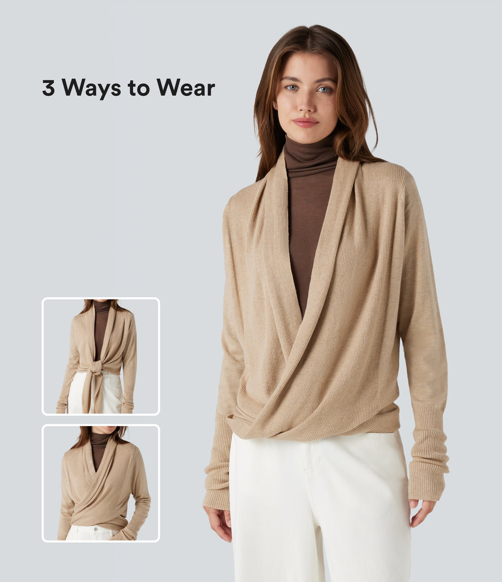 Long Sleeve Wrapped Casual Cardigan — Warm Sand — view 1