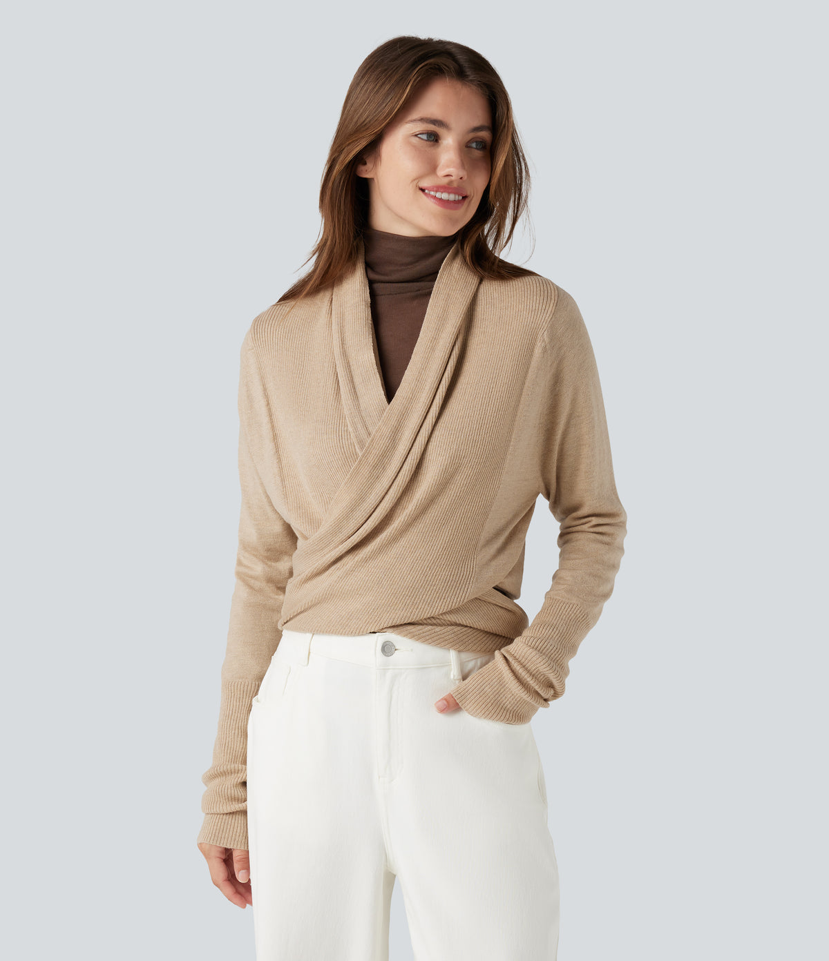 Long Sleeve Wrapped Casual Cardigan — Warm Sand — view 5