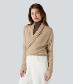 Long Sleeve Wrapped Casual Cardigan — Warm Sand — view 6