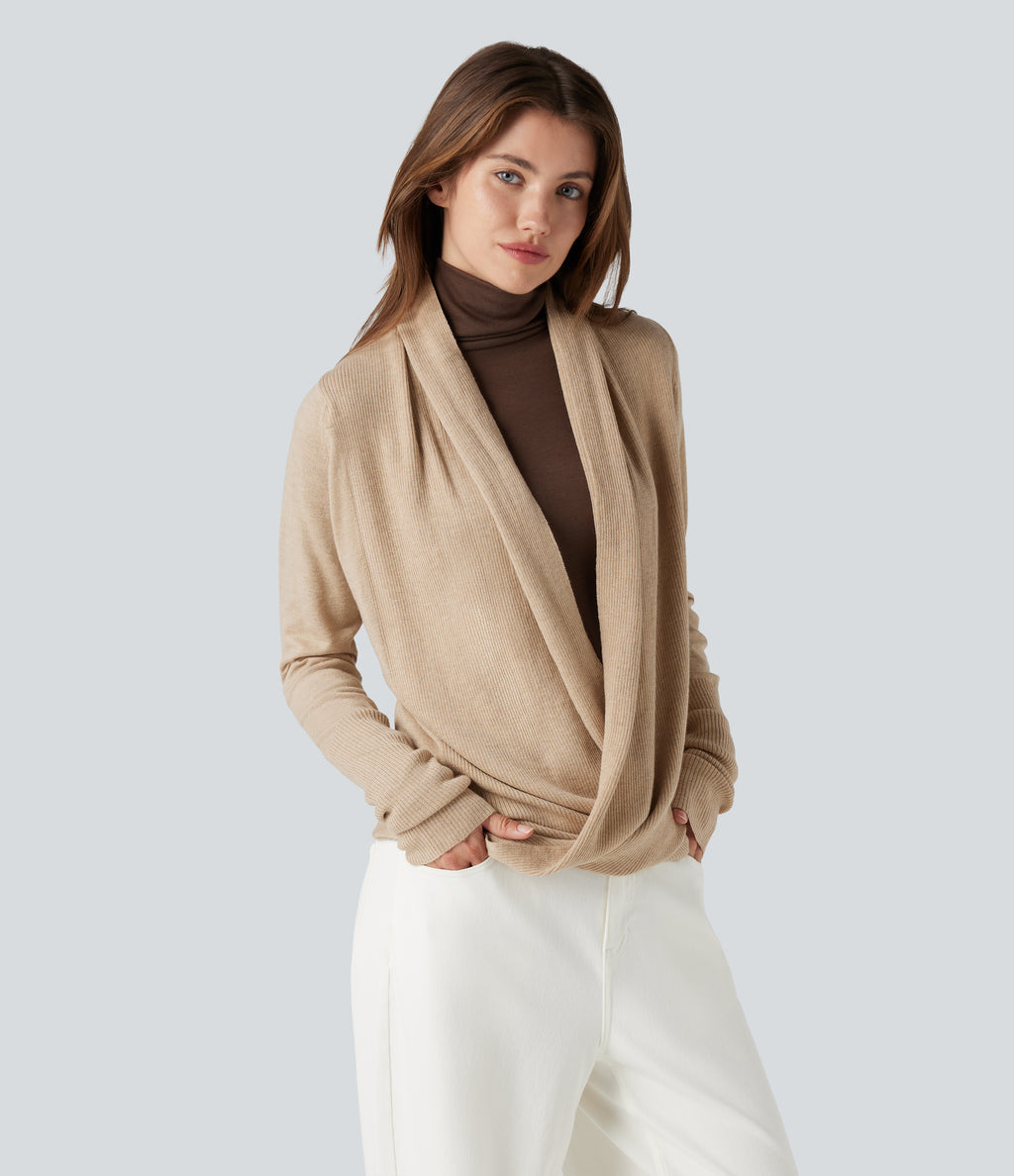 Long Sleeve Wrapped Casual Cardigan — Warm Sand — view 3
