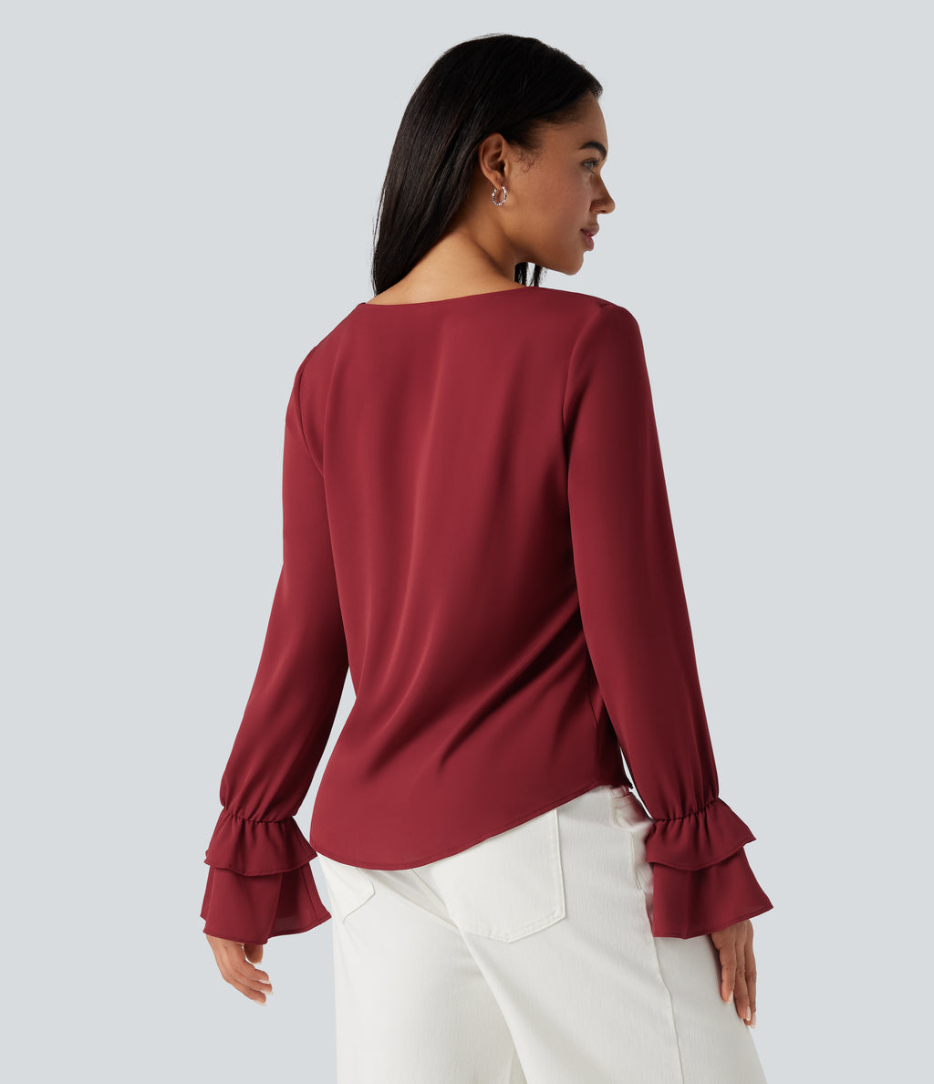 V Neck Ruffle Long Sleeve Casual Blouse — Plum Bossom Red — view 2