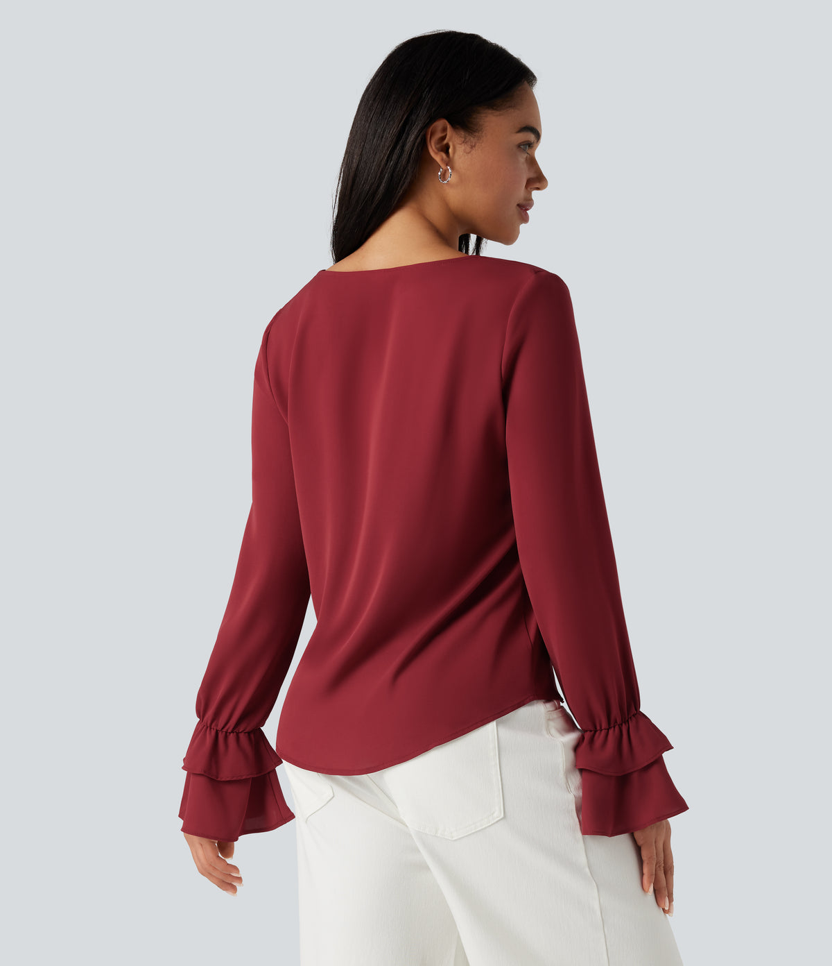 V Neck Ruffle Long Sleeve Casual Blouse — Plum Bossom Red — view 2