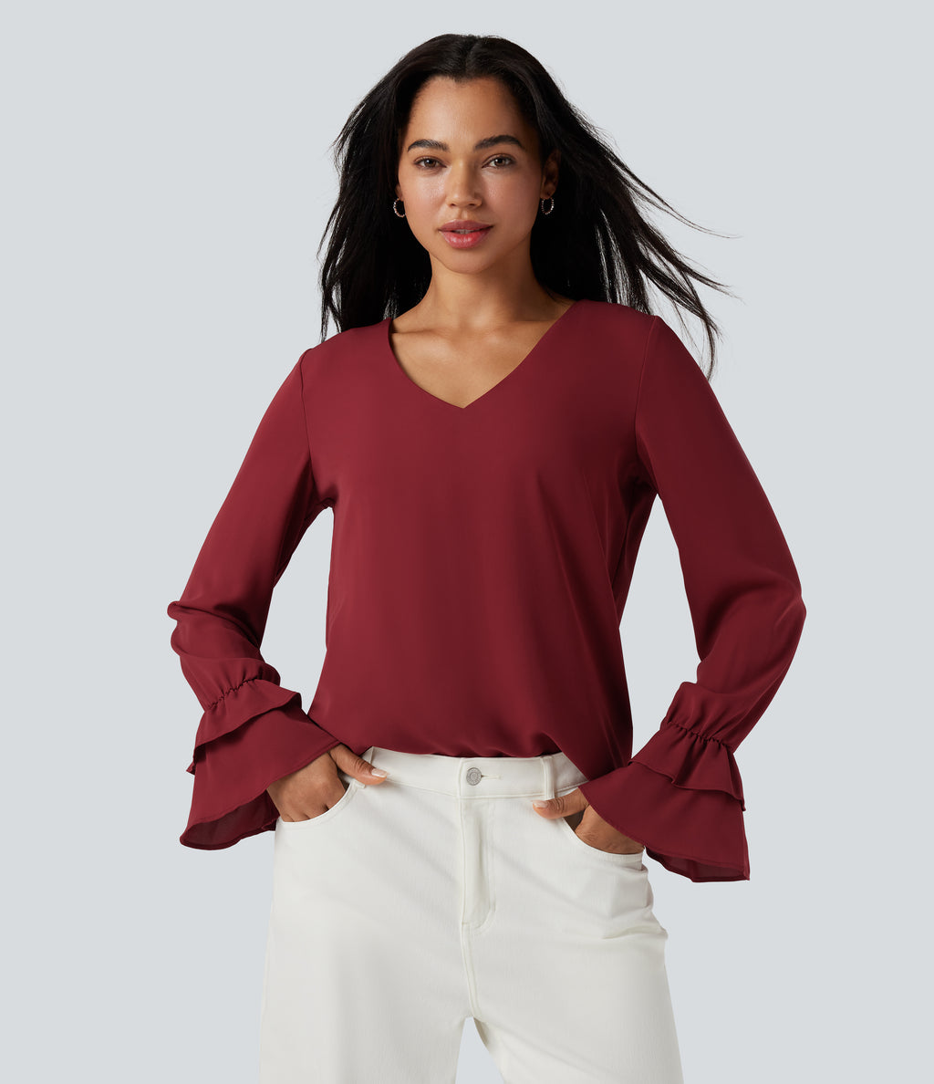 V Neck Ruffle Long Sleeve Casual Blouse — Plum Bossom Red — view 3