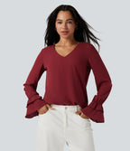V Neck Ruffle Long Sleeve Casual Blouse — Plum Bossom Red — view 3