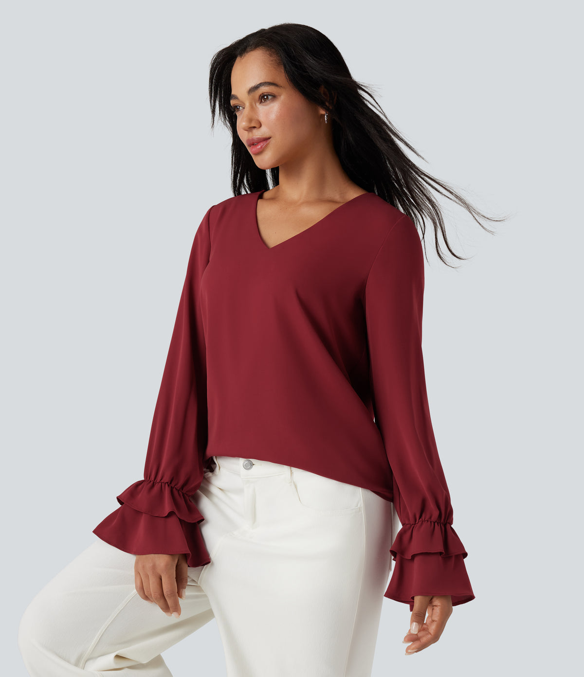V Neck Ruffle Long Sleeve Casual Blouse — Plum Bossom Red — view 1