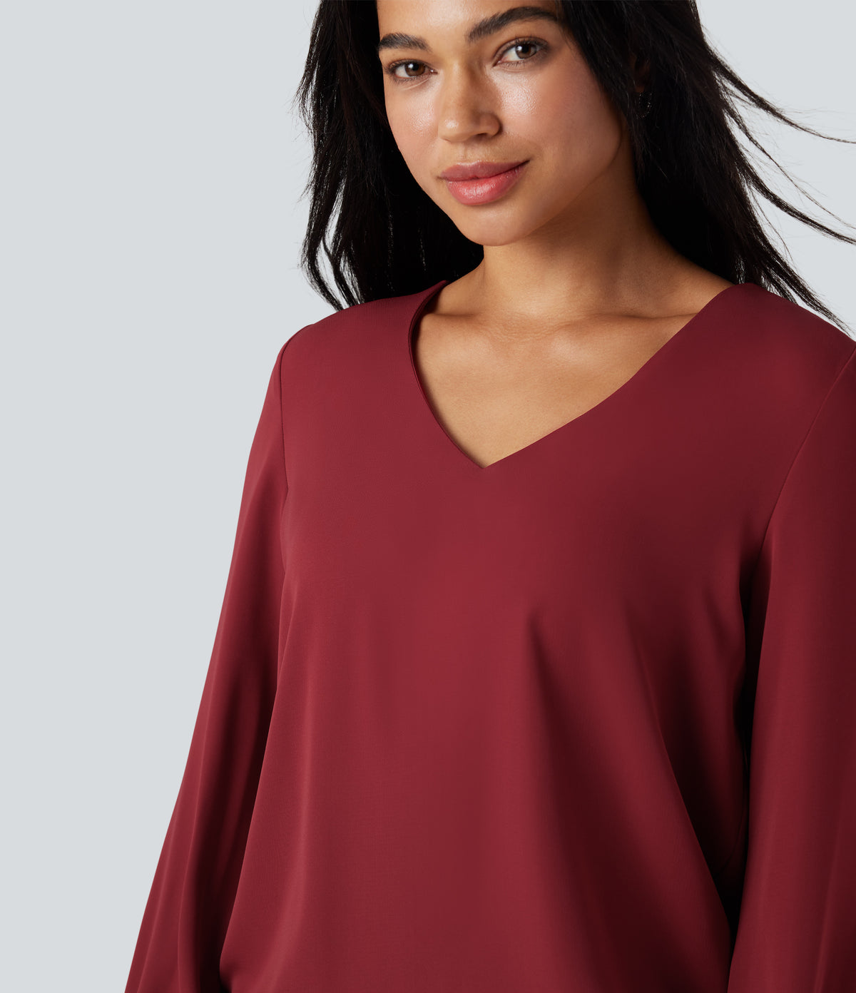 V Neck Ruffle Long Sleeve Casual Blouse — Plum Bossom Red — view 4