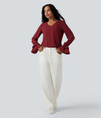 V Neck Ruffle Long Sleeve Casual Blouse — Plum Bossom Red — view 7