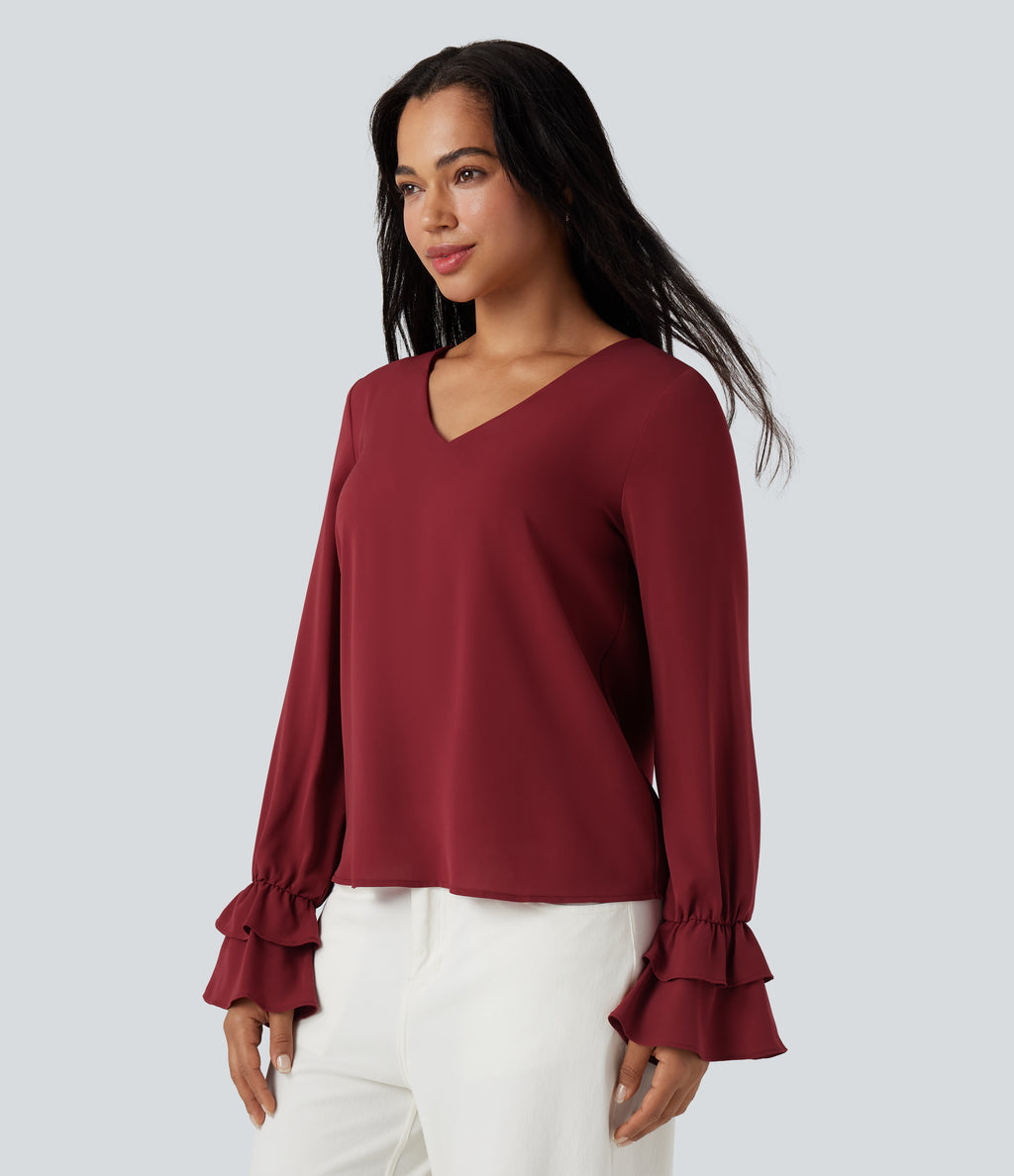 V Neck Ruffle Long Sleeve Casual Blouse — Plum Bossom Red — view 6