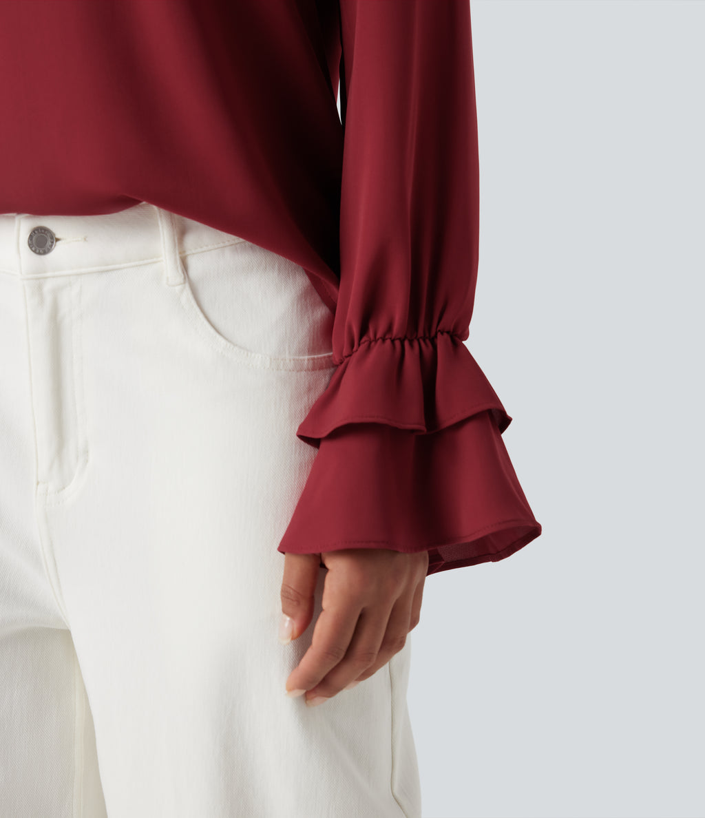 V Neck Ruffle Long Sleeve Casual Blouse — Plum Bossom Red — view 5
