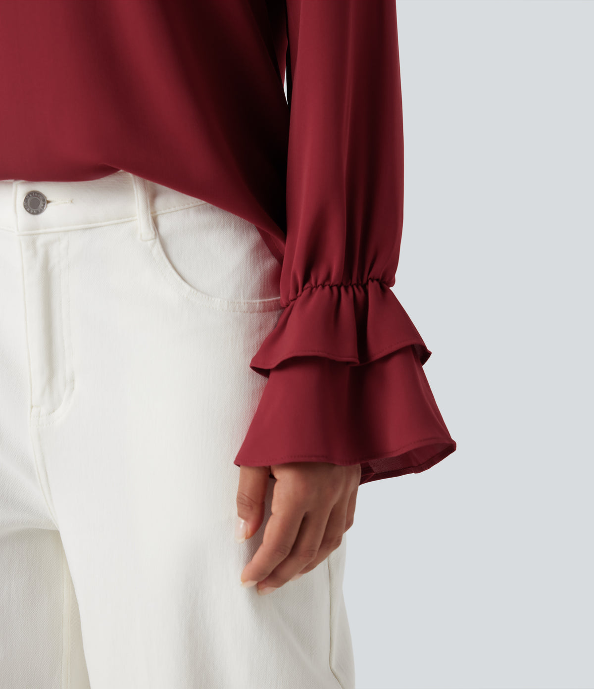 V Neck Ruffle Long Sleeve Casual Blouse — Plum Bossom Red — view 5