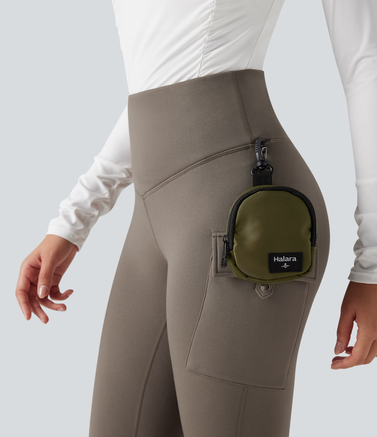 High Waisted Tummy Control Fleece Hiking Leggings with Pockets — Walnut — view 4