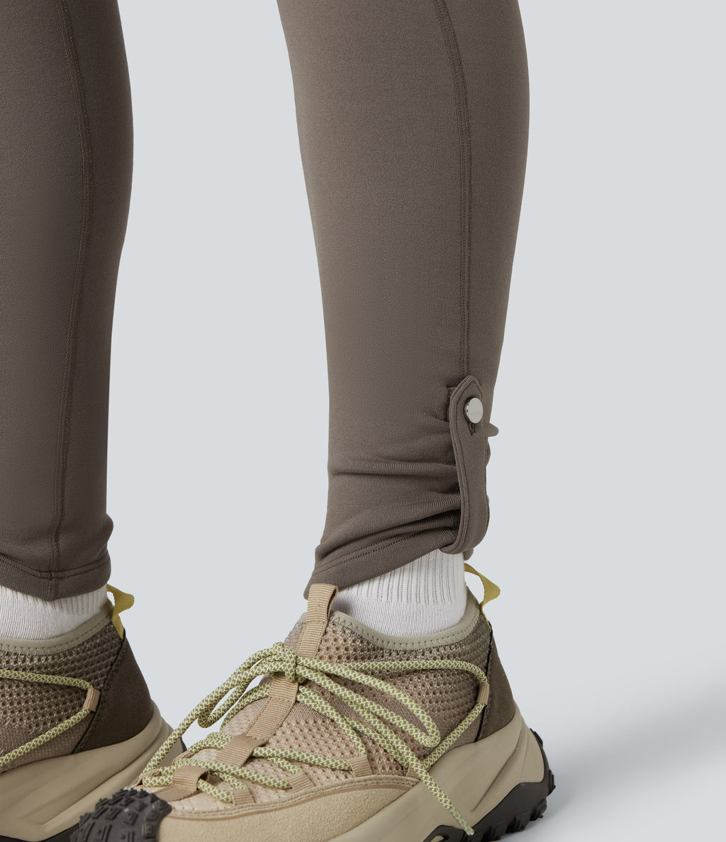 High Waisted Tummy Control Fleece Hiking Leggings with Pockets — Walnut — view 8