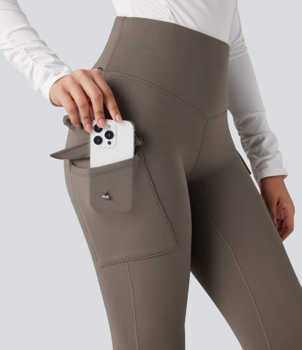 High Waisted Tummy Control Fleece Hiking Leggings with Pockets — Walnut — view 5