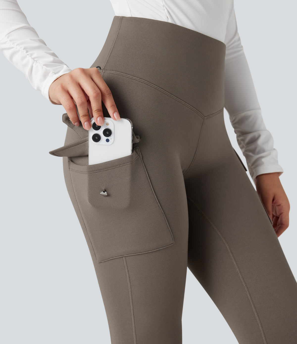 High Waisted Tummy Control Fleece Hiking Leggings with Pockets — Walnut — view 5