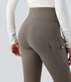 High Waisted Tummy Control Fleece Hiking Leggings with Pockets — Walnut — view 7