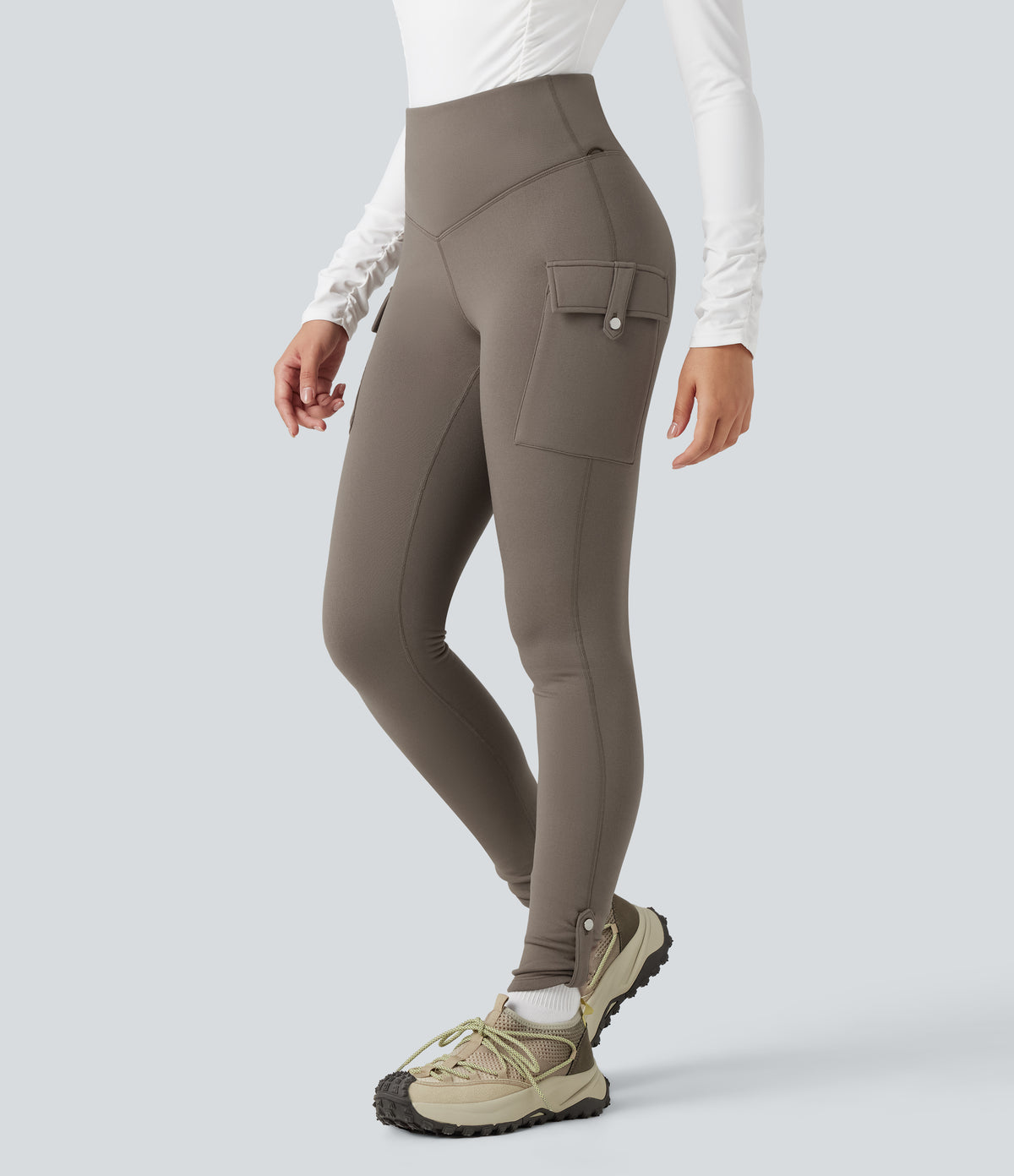High Waisted Tummy Control Fleece Hiking Leggings with Pockets — Walnut — view 3