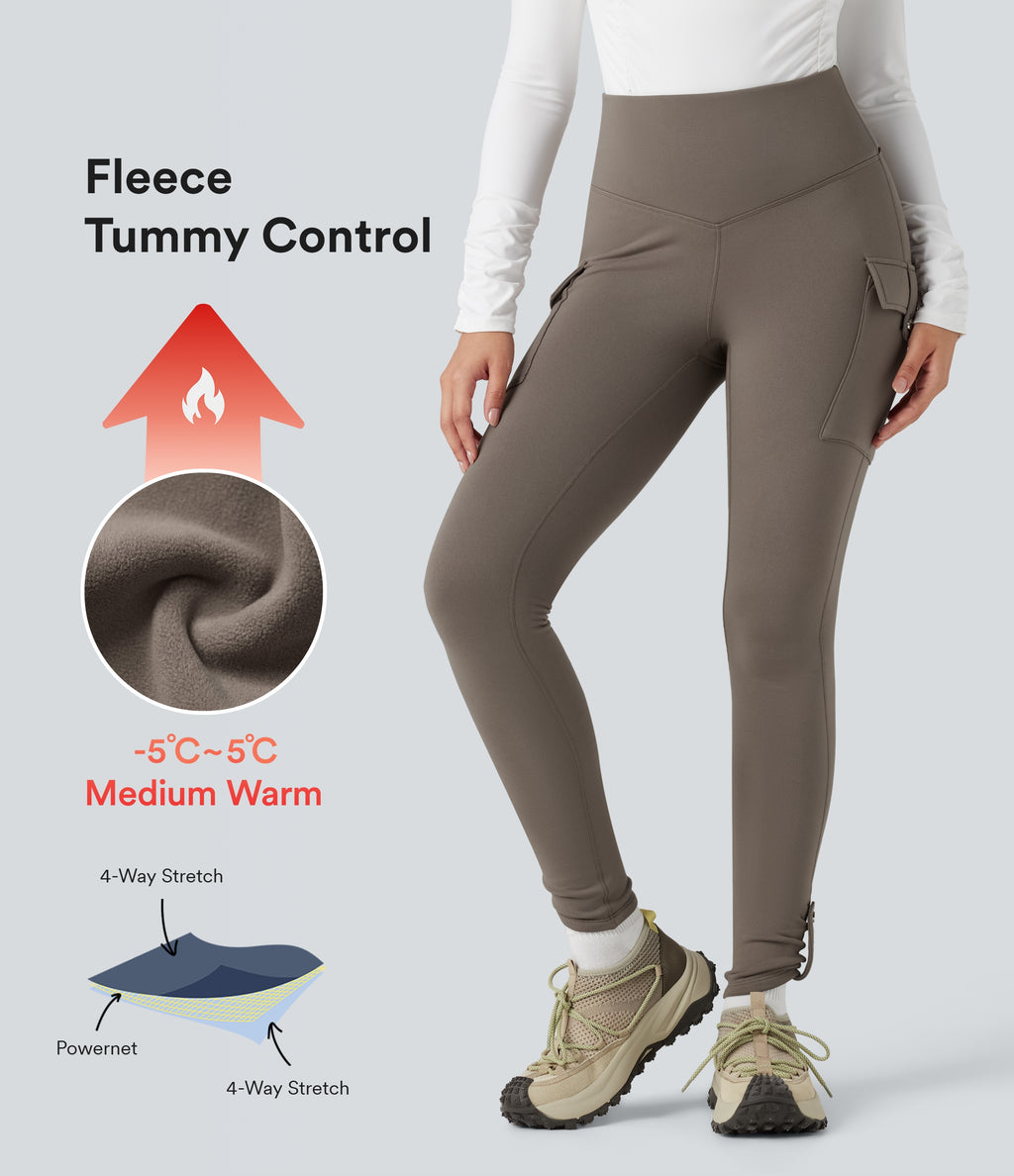 High Waisted Tummy Control Fleece Hiking Leggings with Pockets — Walnut — view 1