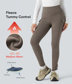 High Waisted Tummy Control Fleece Hiking Leggings with Pockets — Walnut — view 1