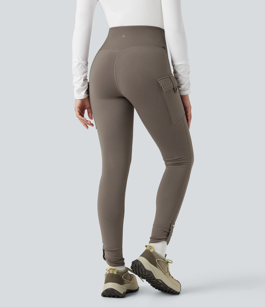High Waisted Tummy Control Fleece Hiking Leggings with Pockets — Walnut — view 2