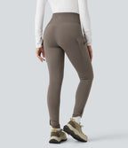 High Waisted Tummy Control Fleece Hiking Leggings with Pockets — Walnut — view 2