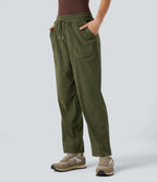 Mid Rise Drawstring Corduroy Casual Tapered Trousers with Pockets — Hazel Mist Green — view 1