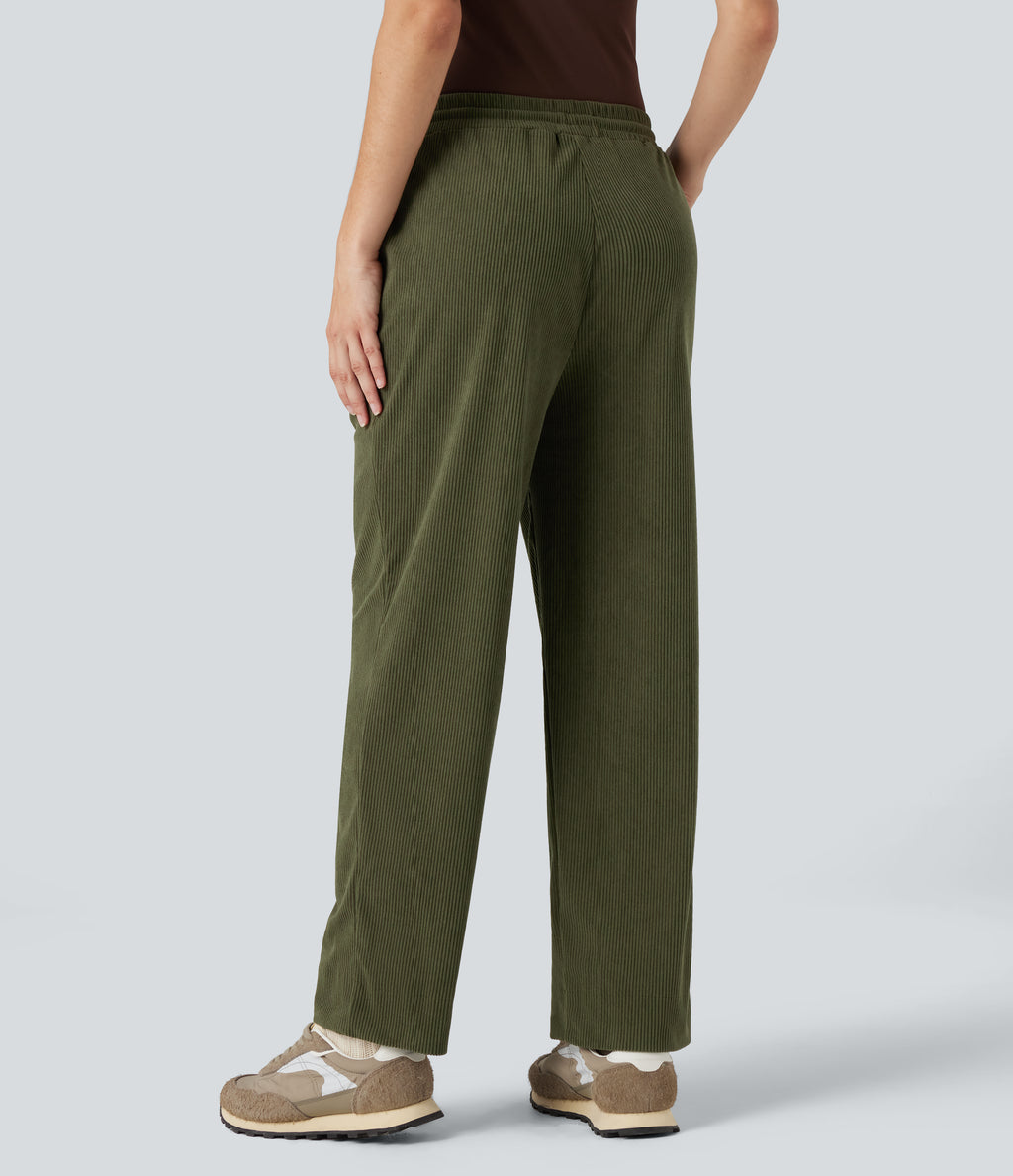 Mid Rise Drawstring Corduroy Casual Tapered Trousers with Pockets — Hazel Mist Green — view 2
