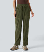 Mid Rise Drawstring Corduroy Casual Tapered Trousers with Pockets — Hazel Mist Green — view 4
