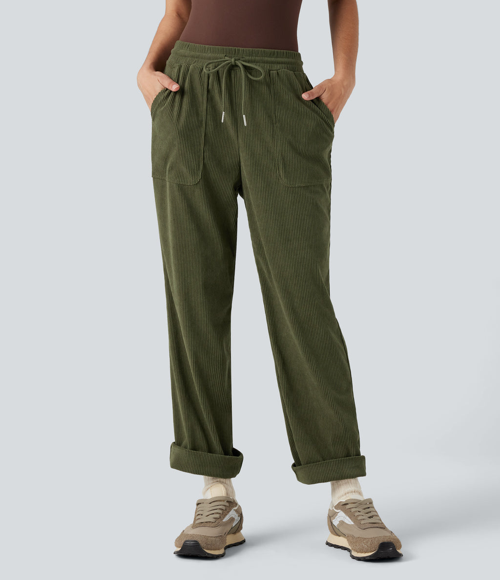 Mid Rise Drawstring Corduroy Casual Tapered Trousers with Pockets — Hazel Mist Green — view 3
