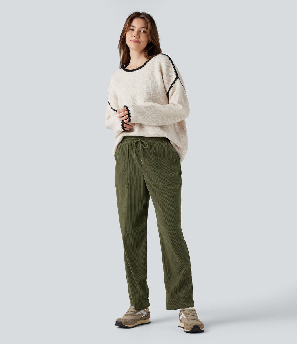 Mid Rise Drawstring Corduroy Casual Tapered Trousers with Pockets — Hazel Mist Green — view 6