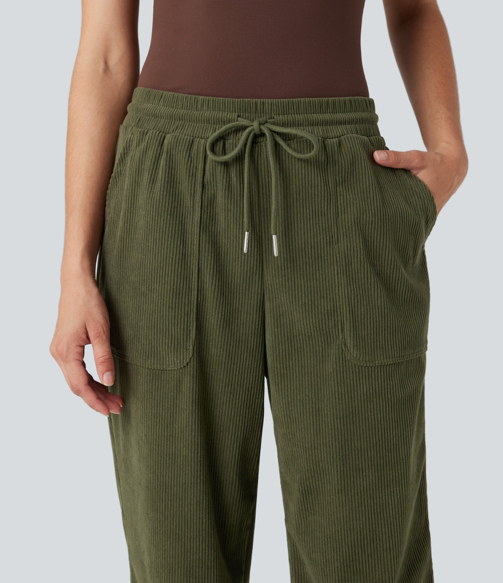Mid Rise Drawstring Corduroy Casual Tapered Trousers with Pockets — Hazel Mist Green — view 5