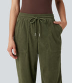 Mid Rise Drawstring Corduroy Casual Tapered Trousers with Pockets — Hazel Mist Green — view 5