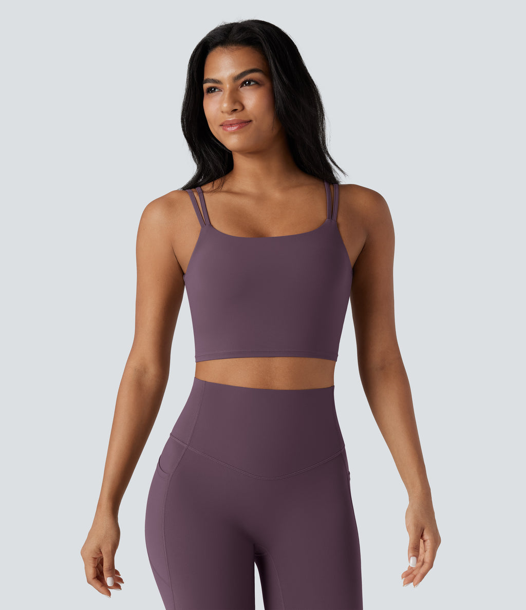 Double Straps Twisted Backless Cropped Yoga Tank Top — Night's Purple — view 2
