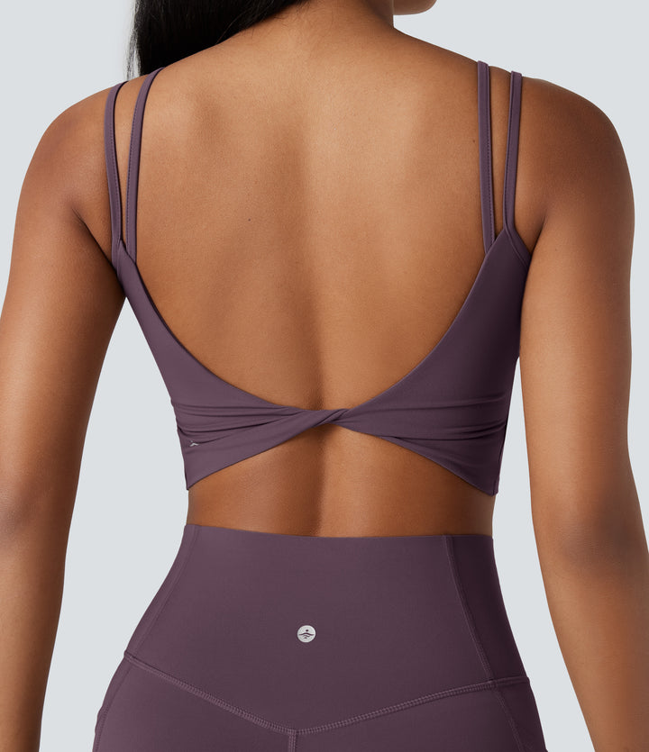 Double Straps Twisted Backless Cropped Yoga Tank Top — Night's Purple — view 1