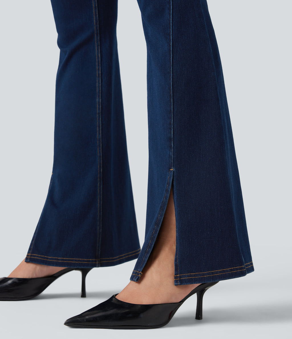 High Waisted Crossover Back Split Denim Casual Flared Leggings with Pockets — Pageant Blue Denim — view 6