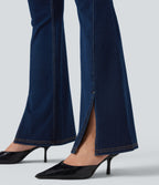 High Waisted Crossover Back Split Denim Casual Flared Leggings with Pockets — Pageant Blue Denim — view 6