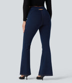 High Waisted Crossover Back Split Denim Casual Flared Leggings with Pockets — Pageant Blue Denim — view 1