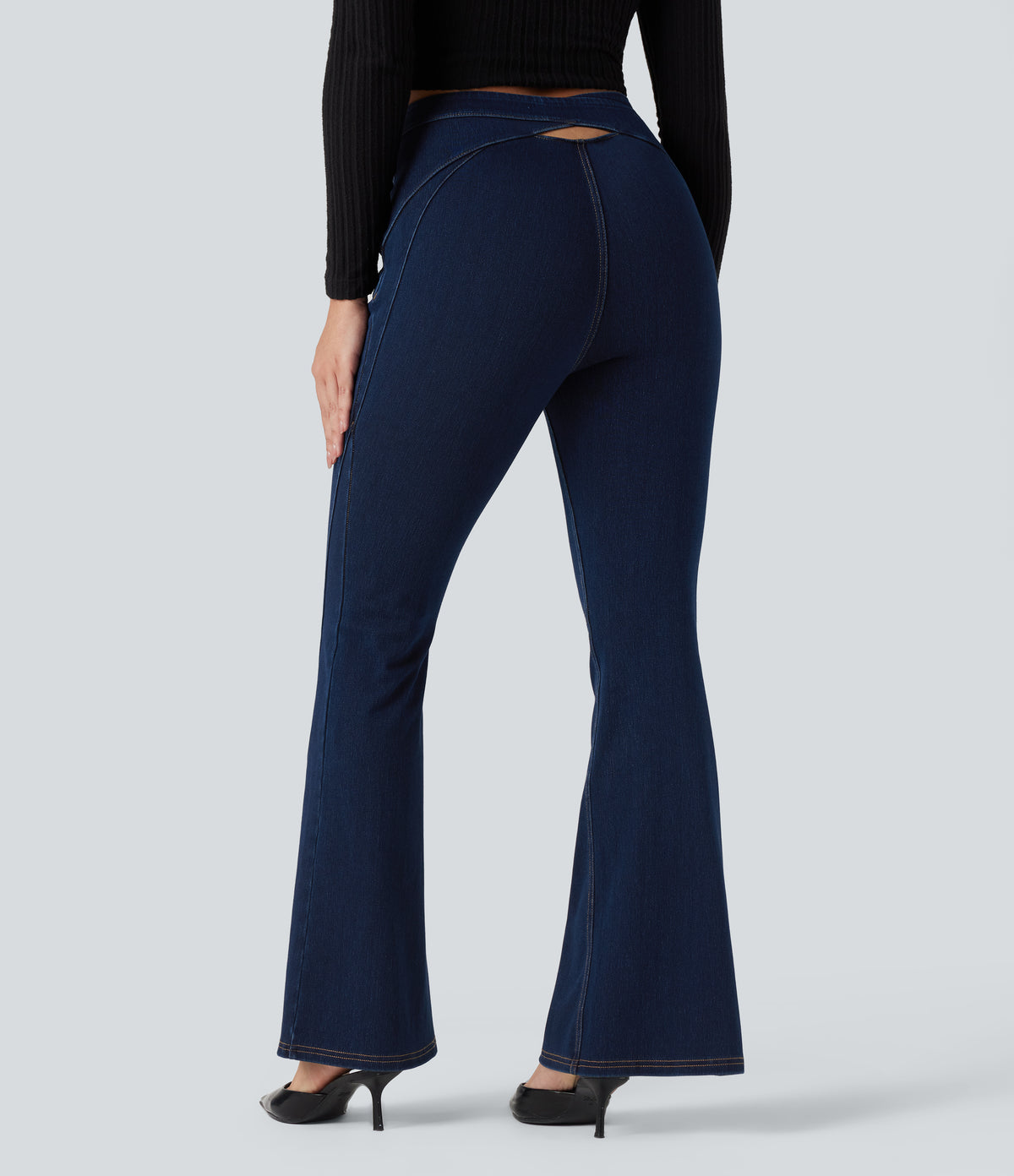 High Waisted Crossover Back Split Denim Casual Flared Leggings with Pockets — Pageant Blue Denim — view 1