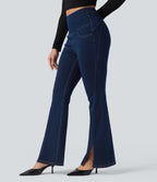 High Waisted Crossover Back Split Denim Casual Flared Leggings with Pockets — Pageant Blue Denim — view 2