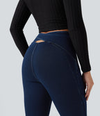 High Waisted Crossover Back Split Denim Casual Flared Leggings with Pockets — Pageant Blue Denim — view 5
